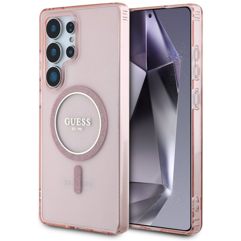 Guess Glitter Circle Classic Logo MagSafe do Galaxy S25 Ultra Różowy