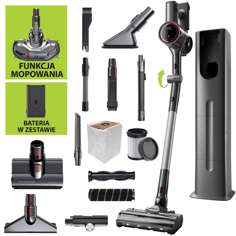 Odkurzacz GÖTZE & JENSEN VV900S ze stacją czyszcząco-ładującą, z funkcją mycia i polerowania, 1 bateria w zestawie