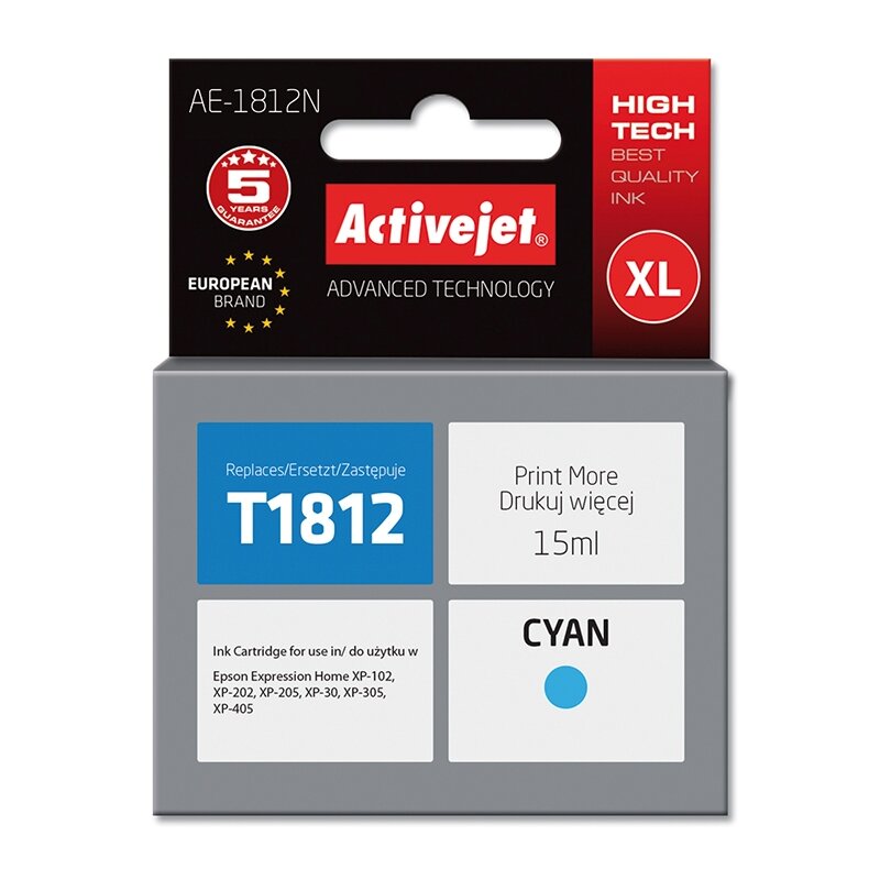 Activejet AE-1812N Tusz do drukarki Epson, Zamiennik Epson 18XL T1812; Supreme; 15 ml; błękitny.