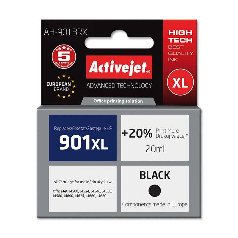 Activejet AH-901BRX Tusz do drukarki HP, Zamiennik HP 901XL CC654AE; Premium; 20 ml; czarny. Drukuje więcej o 20%.