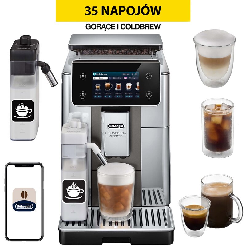 Ekspres DELONGHI PrimaDonna Aromatic ECAM630.75.TSM (spienianie mleka na ciepło i zimno) (Cold Brew)