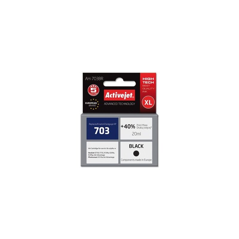 Activejet AH-703BR Tusz do drukarki HP, Zamiennik HP 703 CD887AE; Premium; 20 ml; czarny. Drukuje więcej o 40%.