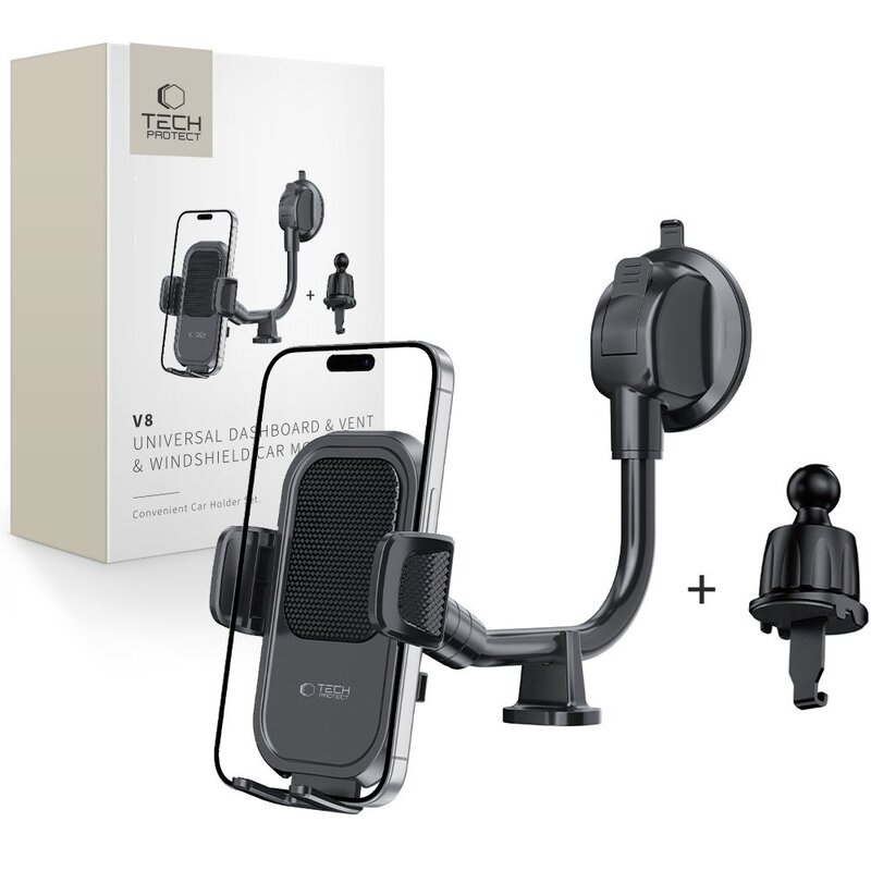 Uchwyt na telefon i smartfon TECH-PROTECT V8 Universal Long Arm Dashboard & Windshield Czarny uchwyt samochodowy na szybę, kratkę nawiewu i deskę rozdzielczą