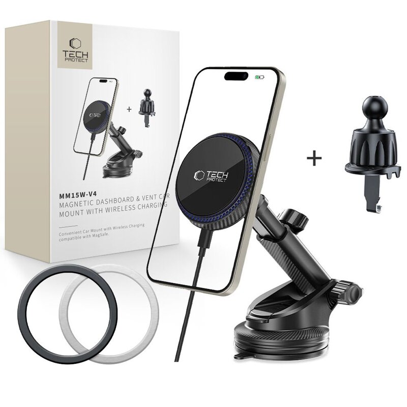 Uchwyt na telefon i smartfon TECH-PROTECT V4 Magsafe Dashboard & Vent Wireless Charger 15W Czarny uchwyt samochodowy na szybę, kratkę nawiewu i deskę rozdzielczą