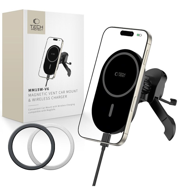 Uchwyt na telefon i smartfon TECH-PROTECT V6 Magsafe Vent Wireless Charger 15W Czarny uchwyt samochodowy na kratkę nawiewu