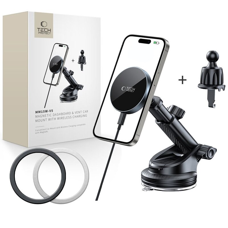 Uchwyt na telefon TECH-PROTECT V5 Magsafe Dashboard & Vent Wireless Charger 15W Czarny