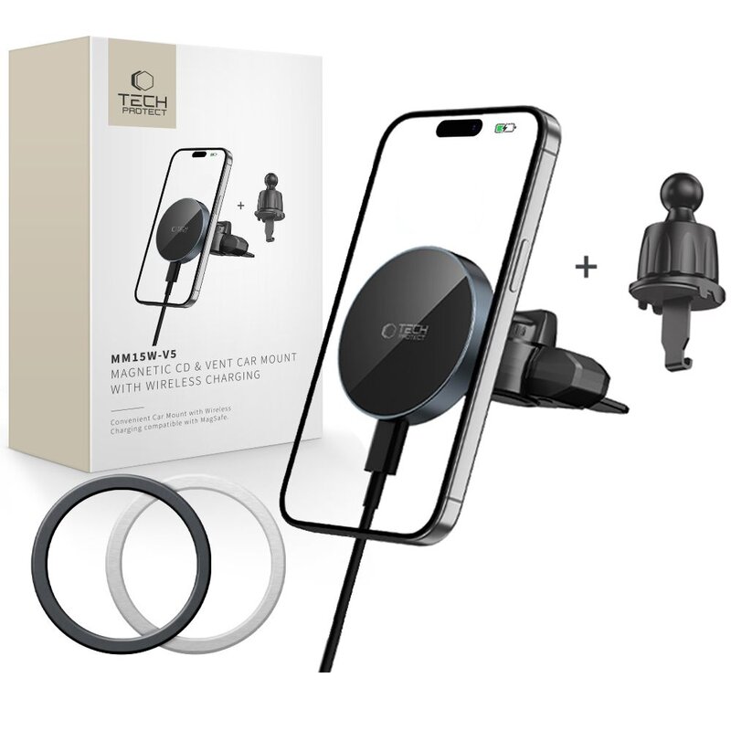 Uchwyt na telefon i smartfon TECH-PROTECT V5 Magsafe CD & Vent Wireless Charger 15W Czarny uchwyt samochodowy na kratkę nawiewu i wejście CD