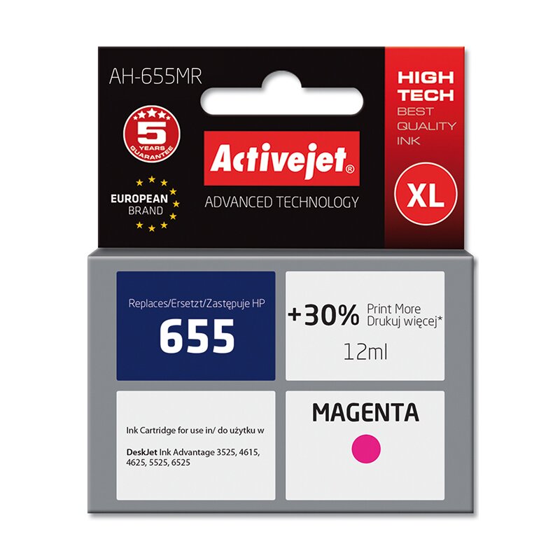 Activejet AH-655MR Tusz do drukarki HP, Zamiennik HP 655 CZ111AE; Premium; 12 ml; purpurowy. Drukuje więcej o 30%.