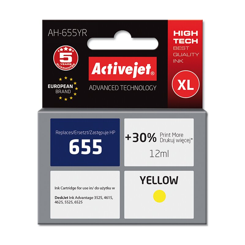 Activejet AH-655YR Tusz do drukarki HP, Zamiennik HP 655 CZ112AE; Premium; 12 ml; żółty. Drukuje więcej o 30%.