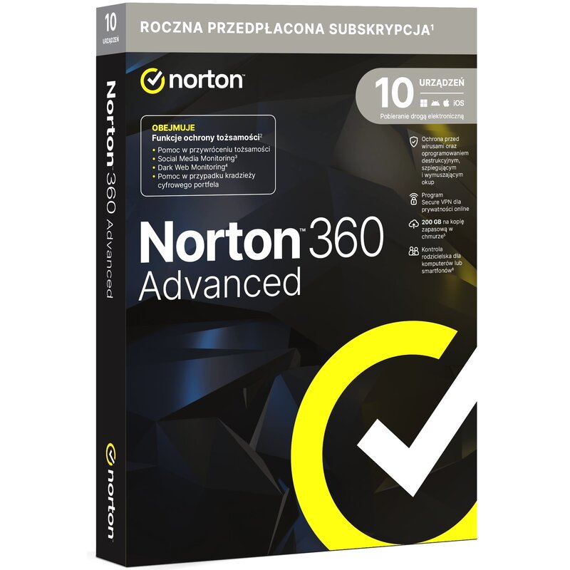 Antywirus NORTON 360 Advanced 200GB 10 URZĄDZEŃ 1 ROK Kod aktywacyjny