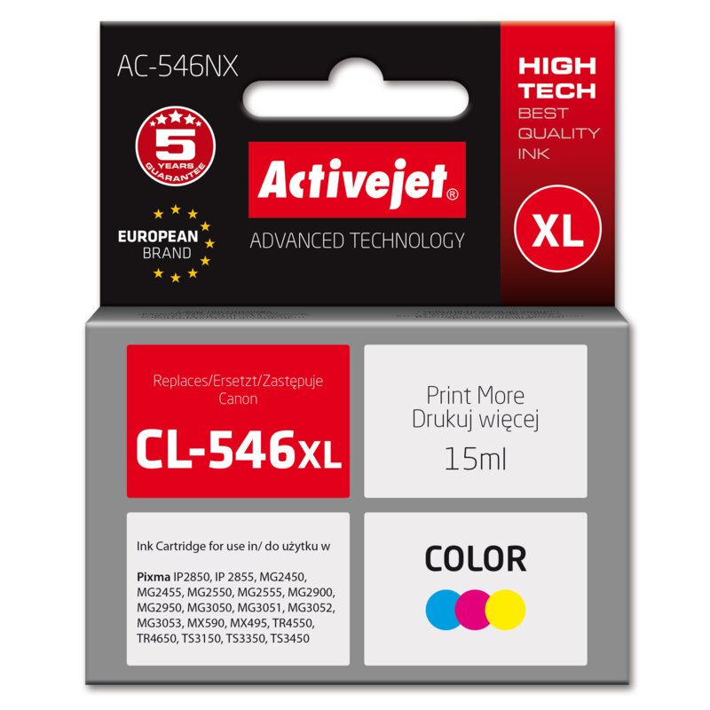 Activejet AC-546NX Tusz do drukarki Canon, Zamiennik Canon CL-546XL; Supreme; 15 ml; kolor: czerwony, niebieski, żółty)