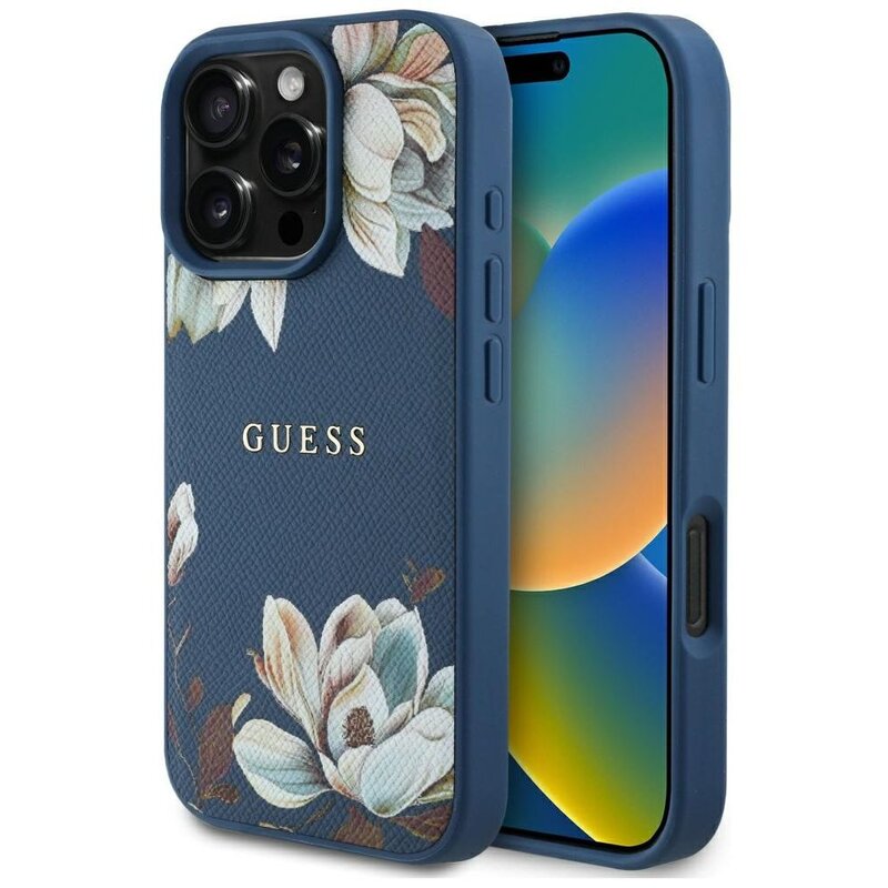 Etui GUESS Grained Printed Flower Pattern MagSafe do Apple iPhone 16 Pro Niebieski