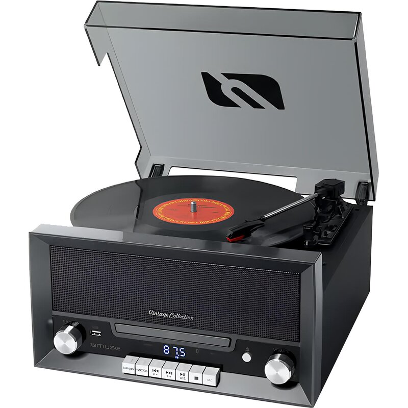 Gramofon MUSE MT-110 DS Czarno-srebrny Manualny, BT, USB, CD, Wbudowane głośniki, Prędkość odtw. 33,45,78 obr./min