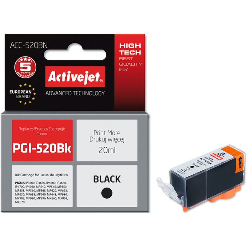 Activejet ACC-520BN Tusz do drukarki Canon, Zamiennik Canon PGI-520BK; Supreme; 20 ml; czarny.