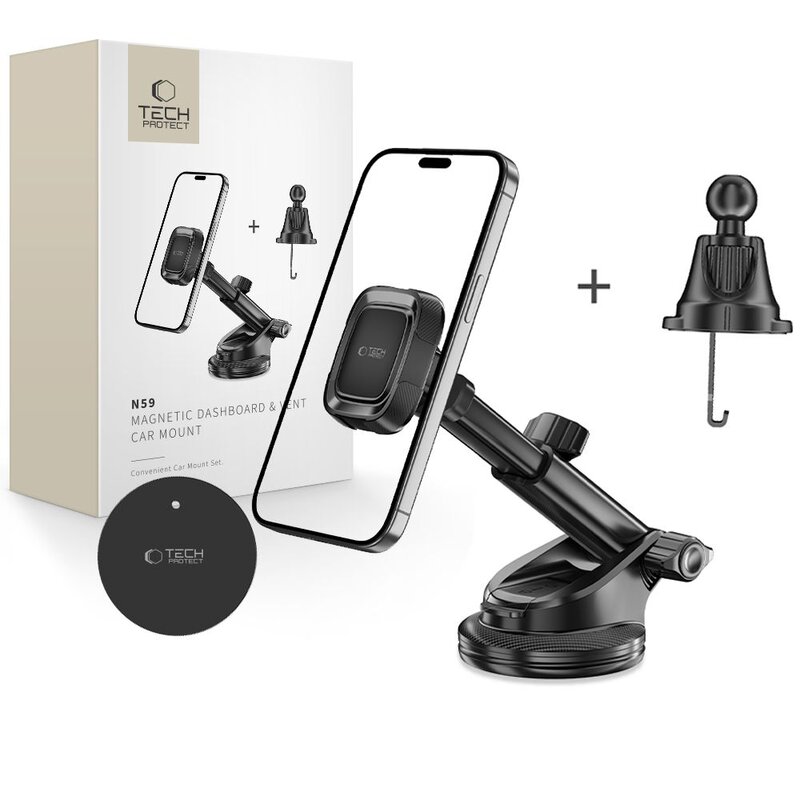Uchwyt na telefon i smartfon TECH-PROTECT N59 Magnetic Czarny uchwyt samochodowy na szybę, kratkę nawiewu i deskę rozdzielczą