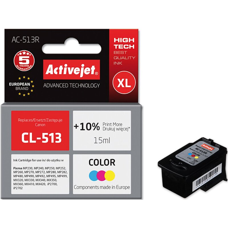Activejet AC-513R Tusz do drukarki Canon, Zamiennik Canon CL-513; Premium; 15 ml; kolor. Drukuje więcej o 10%.