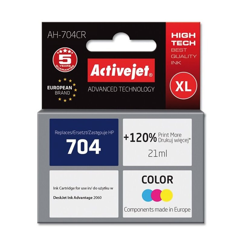 Activejet AH-704CR Tusz do drukarki HP, Zamiennik HP 704 CN693AE; Premium; 21 ml; kolor. Drukuje więcej o 120%.