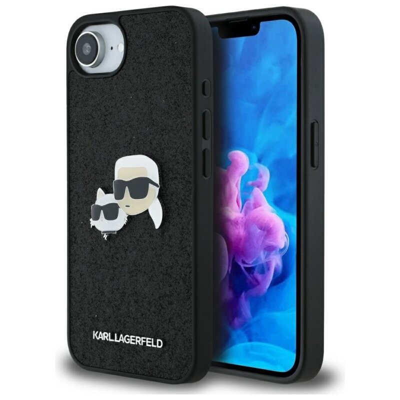 Etui KARL LAGERFELD Fixed Glitter Karl&Choupette Heads Metal Pin do Apple iPhone 16e/17e Czarny