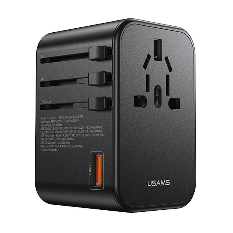 USAMS CC199TC01 4w1 1x USB, 2x USB-C 65W US/AU/EU/UK Czarny
