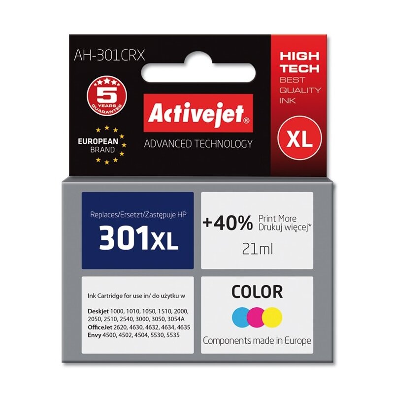 Activejet AH-301CRX Tusz do drukarki HP, Zamiennik HP 301XL CH564EE; Premium; 21 ml; kolor. Drukuje więcej o 40%.