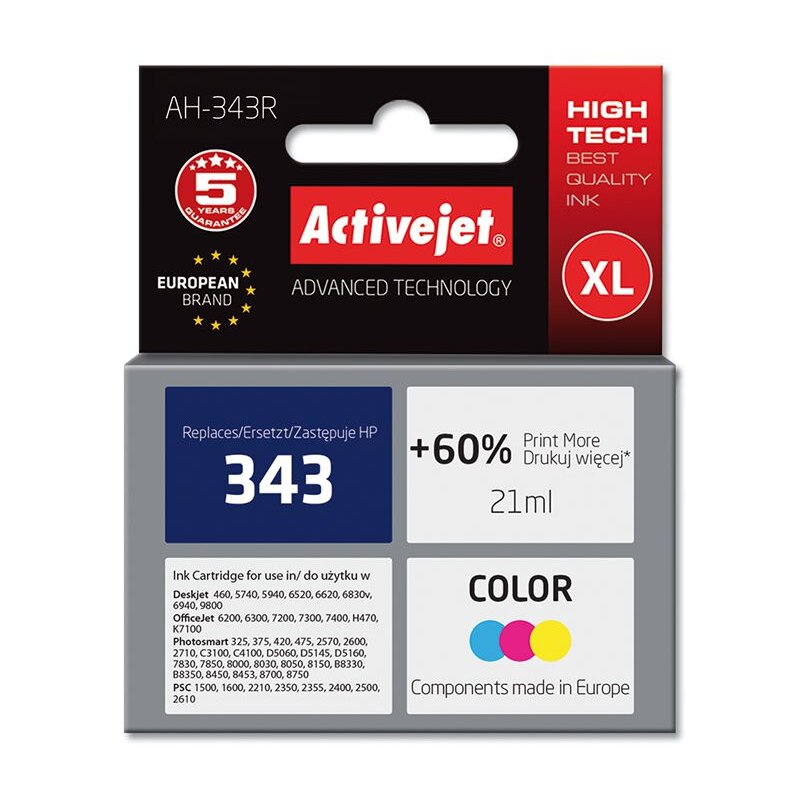 Activejet AH-343R Tusz do drukarki HP, Zamiennik HP 343 C8766EE; Premium; 21 ml; kolor. Drukuje więcej o 60%.