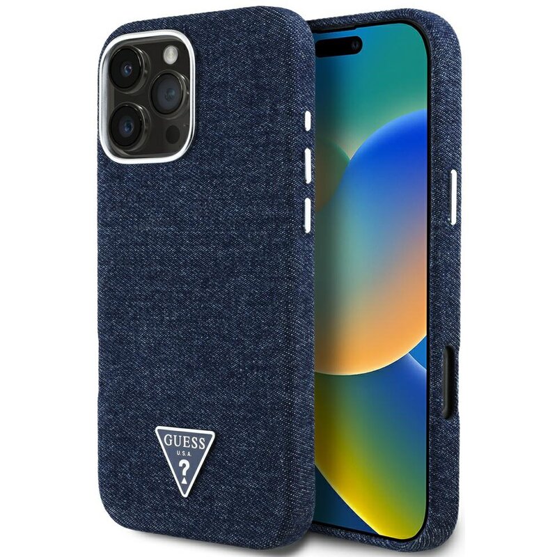 Etui GUESS Denim Triangle Logo MagSafe do Apple iPhone 16 Pro Niebieski