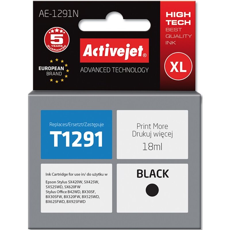 Activejet AE-1291N Tusz do drukarki Epson, Zamiennik Epson T1291; Supreme; 18 ml; czarny.