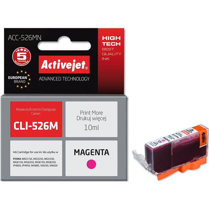 Activejet ACC-526MN Tusz do drukarki Canon, Zamiennik Canon CLI-526M; Supreme; 10 ml; purpurowy.