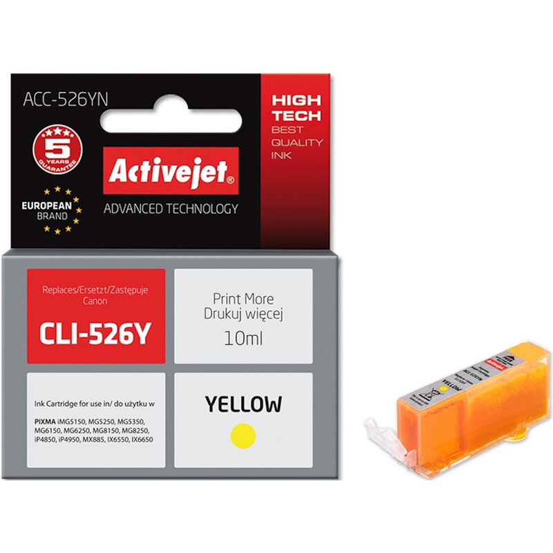 Activejet ACC-526YN Tusz do drukarki Canon, Zamiennik Canon CLI-526Y; Supreme; 10 ml; żółty.