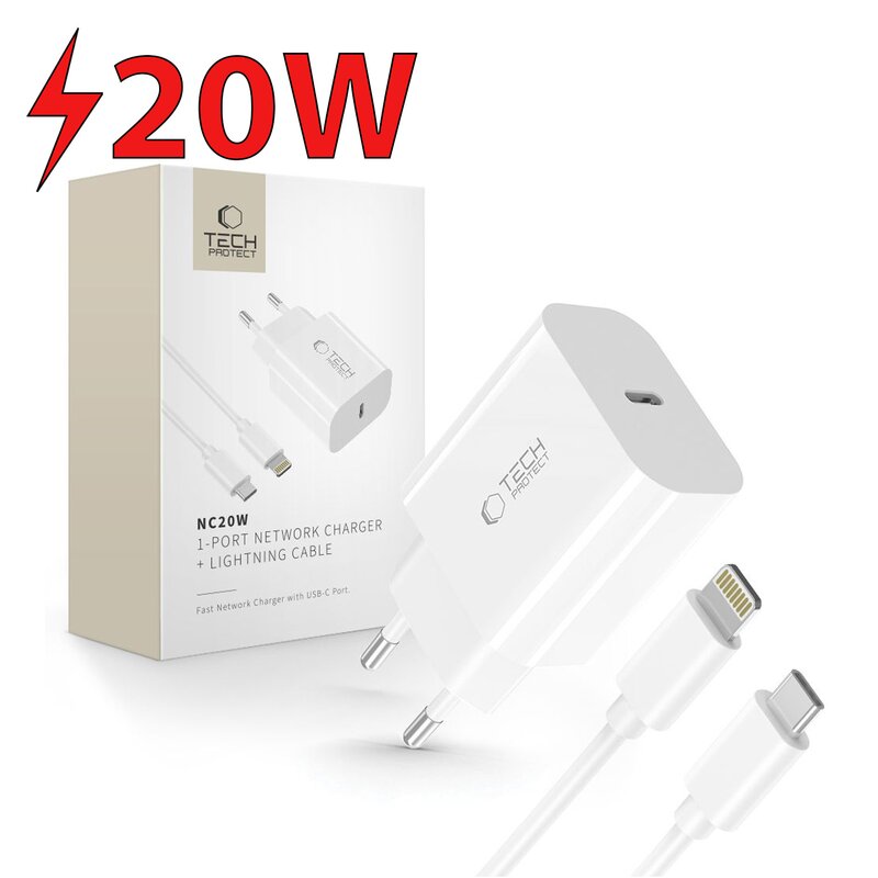 Ładowarka sieciowa TECH-PROTECT NC20W PD 20W Biały ładowarka do telefonu USB-C + kabel