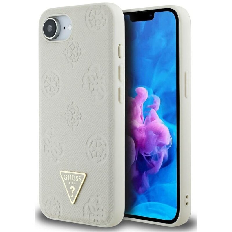Etui GUESS Grained Hot Stamp Peony Triangle Logo MagSafe do Apple iPhone 16e/17e Beżowy