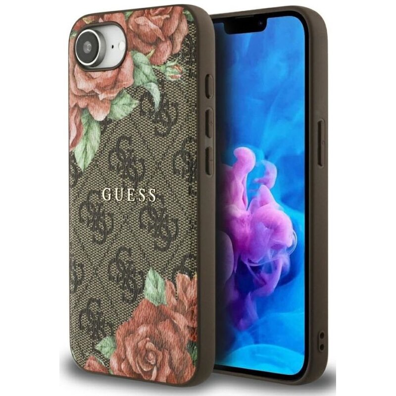Etui GUESS 4G Flowers Print MagSafe do Apple iPhone 16e/17e Brązowy