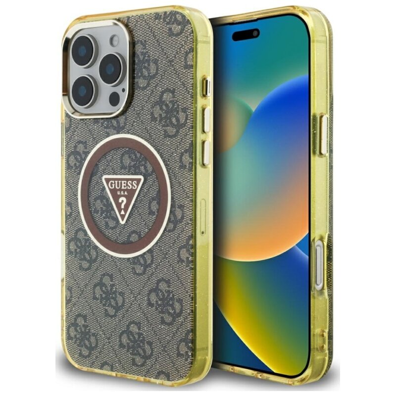 Etui GUESS IML Metal Glitter 4G Circle Triangle MagSafe do Apple iPhone 16 Pro Brązowy