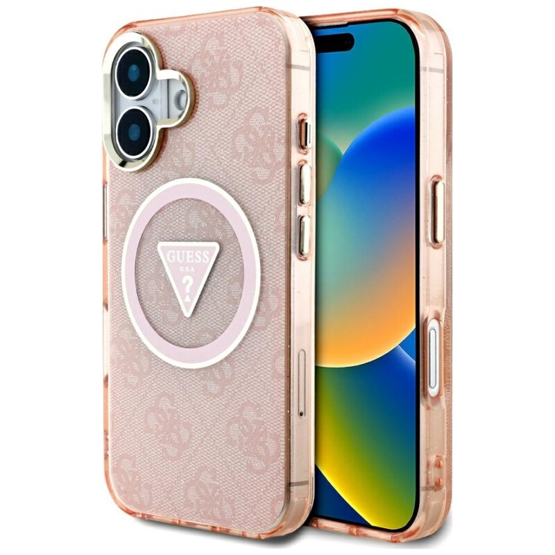 Etui GUESS IML Metal Glitter 4G Circle Triangle MagSafe do Apple iPhone 16 Różowy