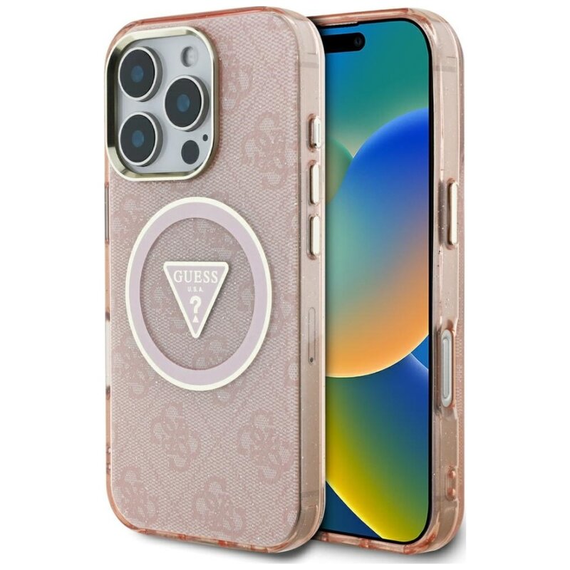 Etui GUESS IML Metal Glitter 4G Circle Triangle MagSafe do Apple iPhone 16 Pro Różowy