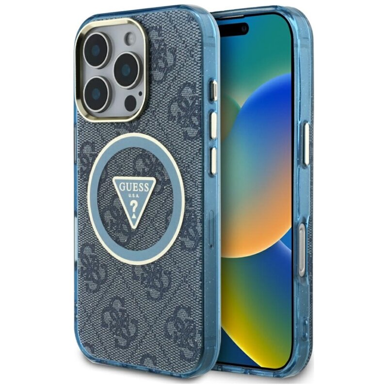 Etui GUESS IML Metal Glitter 4G Circle Triangle MagSafe do Apple iPhone 16 Pro Max Niebieski