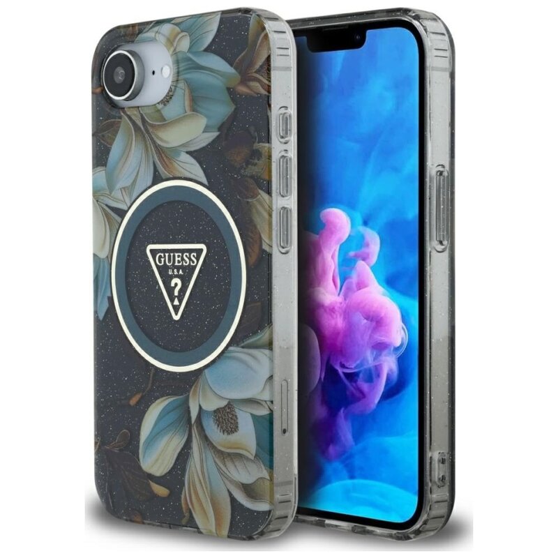 Etui GUESS IML Metal Glitter Flowers Triangle MagSafe do Apple iPhone 16e/17e Czarny