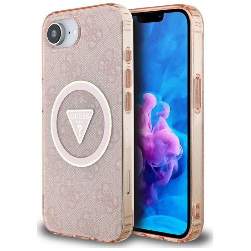 Etui GUESS IML Metal Glitter 4G Circle Triangle MagSafe do Apple iPhone 16e/17e Różowy