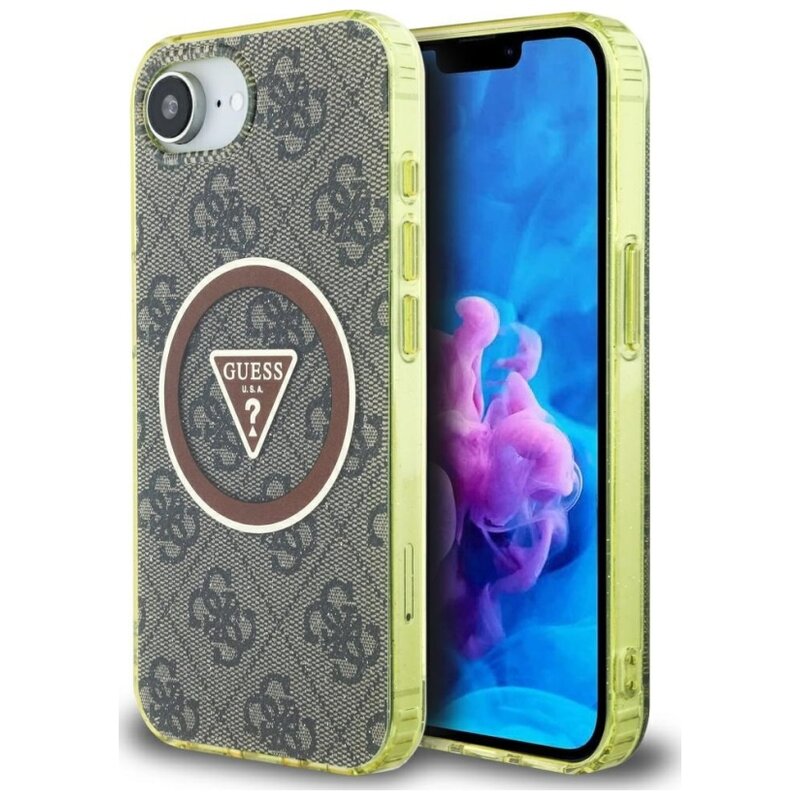 Etui GUESS IML Metal Glitter 4G Circle Triangle MagSafe do Apple iPhone 16e/17e Brązowy