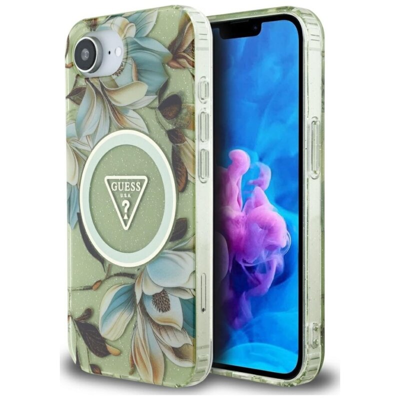 Etui GUESS IML Metal Glitter Flowers Triangle MagSafe do Apple iPhone 16e/17e Zielony