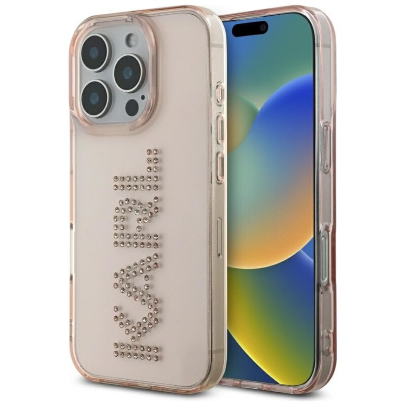 Etui KARL LAGERFELD IML Rhinestones Logo do Apple iPhone 16 Pro Przezroczysto-różowy