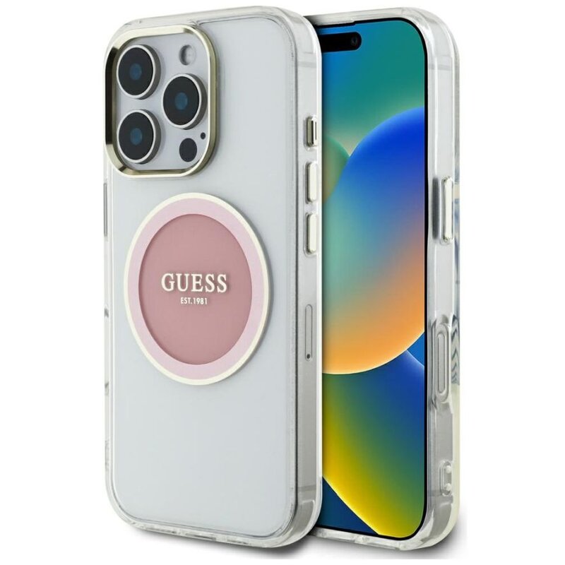 Etui GUESS IML Metal Colored Circle Classic Logo MagSafe do Apple iPhone 16 Pro Przezroczysto-różowy