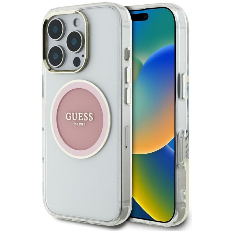 Etui GUESS IML Metal Colored Circle Classic Logo MagSafe do Apple iPhone 16 Pro Max Przezroczysto-różowy