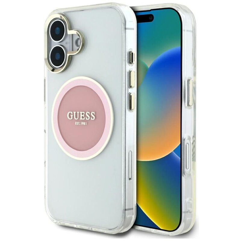 Etui GUESS IML Metal Colored Circle Classic Logo MagSafe do Apple iPhone 16 Przezroczysto-różowy