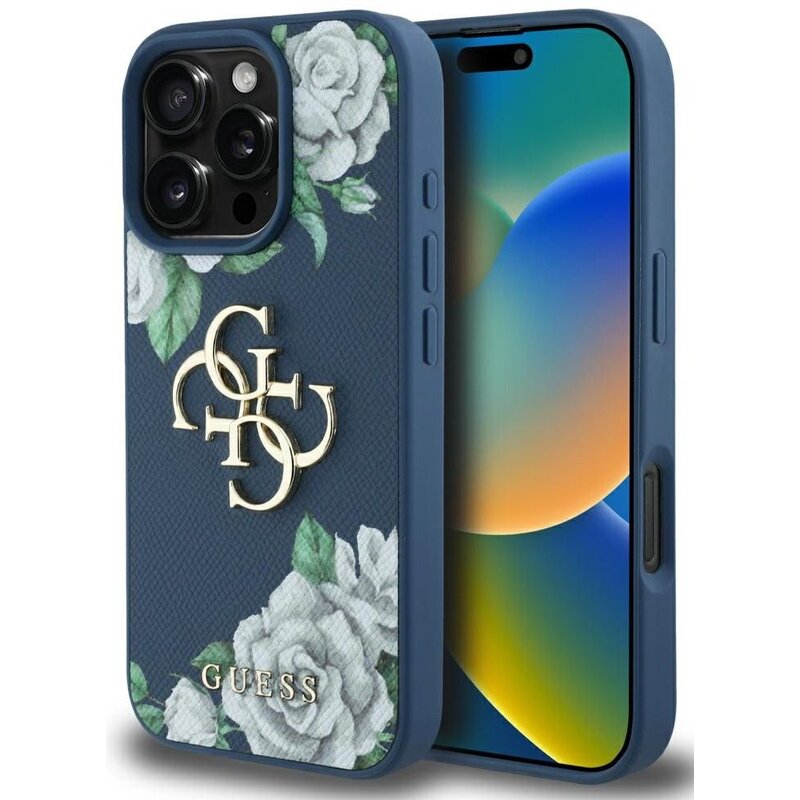 Etui GUESS Grained Roses Big 4G Logo do Apple iPhone 16 Pro Niebieski