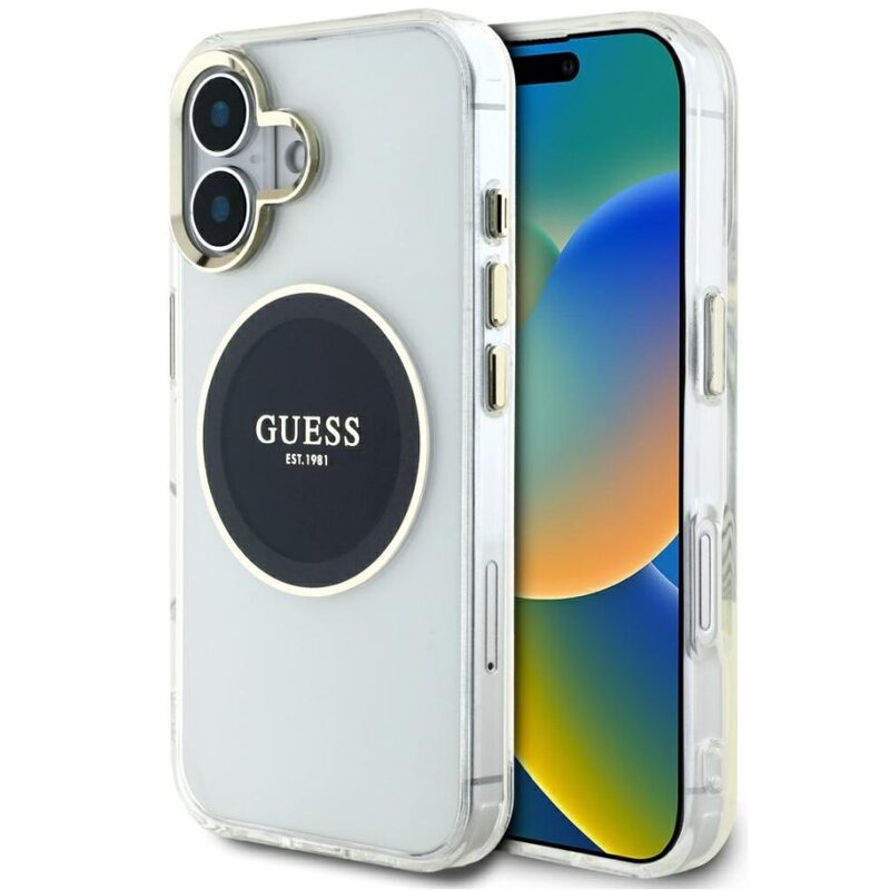 Etui GUESS IML Metal Colored Circle Classic Logo MagSafe do Apple iPhone 16 Przezroczysto-czarny