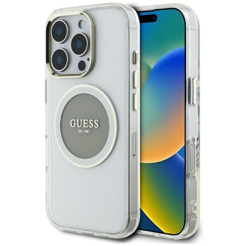 Etui GUESS IML Metal Colored Circle Classic Logo MagSafe do Apple iPhone 16 Pro Max Przezroczysto-szary