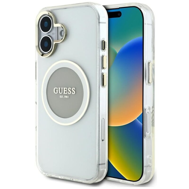 Etui GUESS IML Metal Colored Circle Classic Logo MagSafe do Apple iPhone 16 Przezroczysto-szary