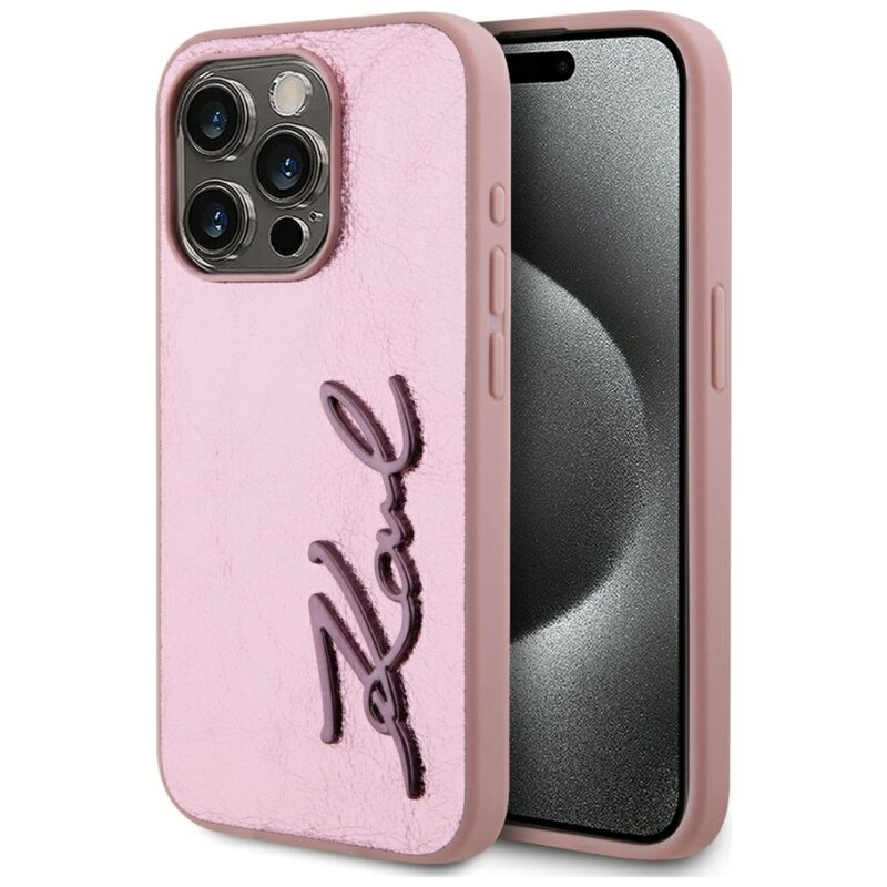 Etui KARL LAGERFELD Wrinkled Metal Signature do Apple iPhone 15 Pro Max Różowy