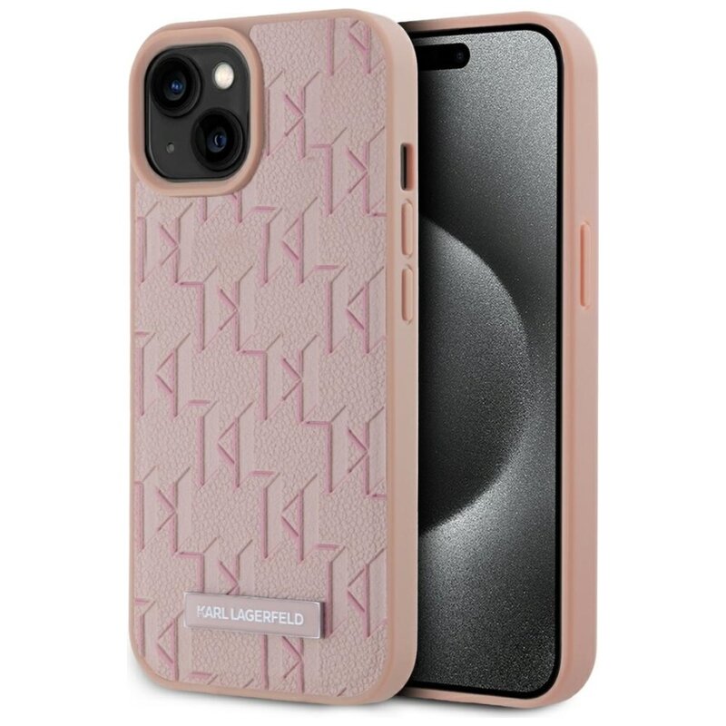 Etui KARL LAGERFELD Leather Monogram Metal Logo MagSafe do Apple iPhone 15 Przezroczysto-różowy